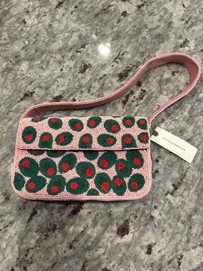 Anthropologie Beaded Bag Pink Background w/Green Olives